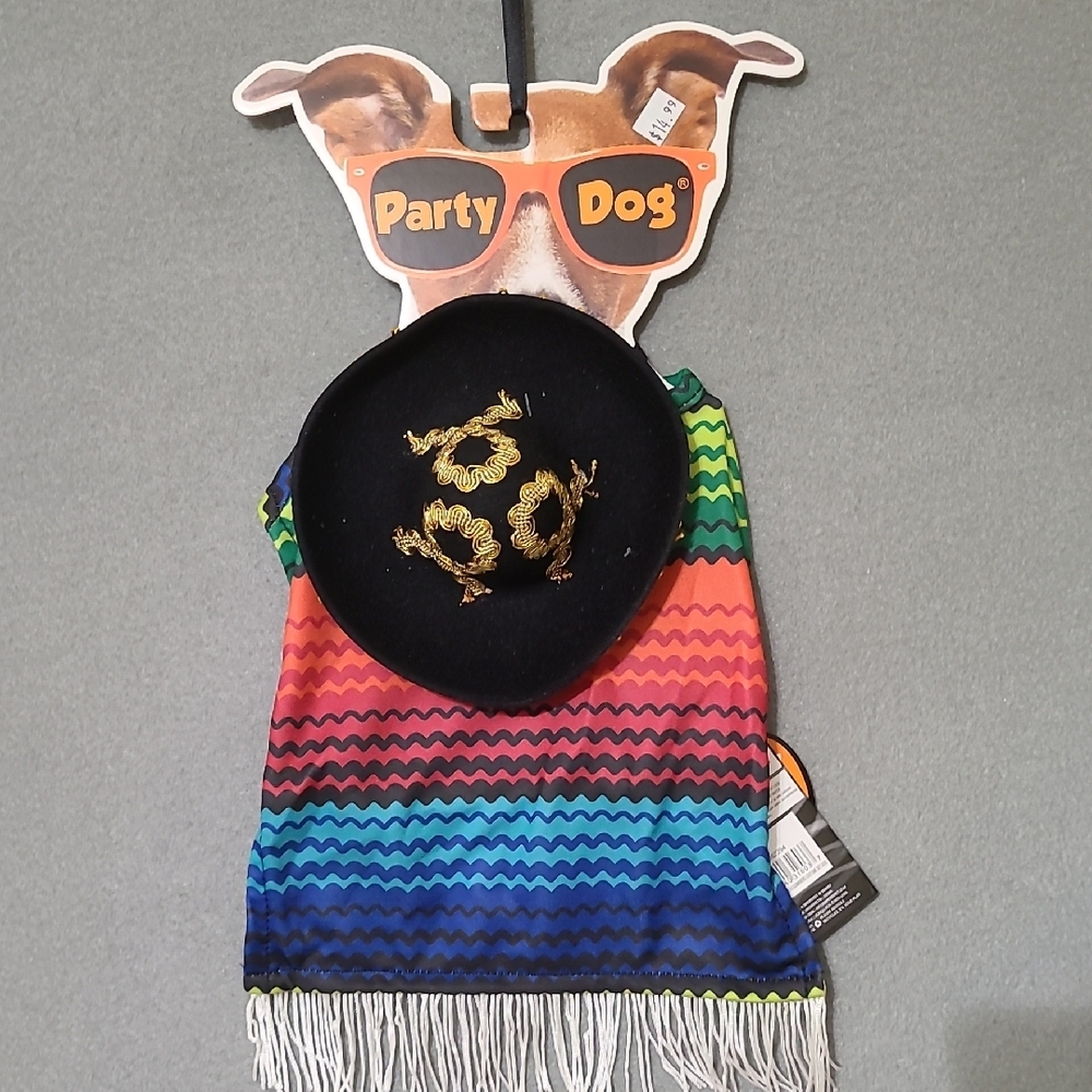 PARTY DOG - Colorful Dog Hat & Poncho with Fringe Costume - Size XS/S - NEW